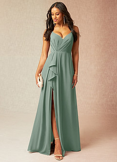 Azazie Kyedae Brautjungfernkleider A-Linie V-Hals Gefaltet Chiffon Kleid Silberner Salbei image1