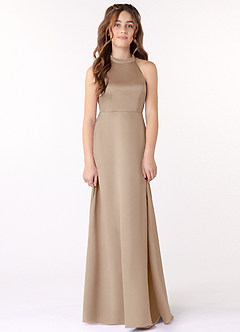 Azazie Laurel Junior Taupe A-Line Stretch Satin Dress image1