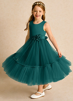Azazie Miracle Flower Girl Dresses Peacock A-Line Bow Matte Satin Dress image4