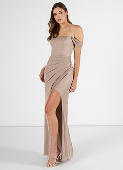 Azazie Kit Bridesmaid Dresses Taupe Mermaid Off the Shoulder Mesh Dress image3