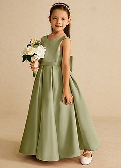Azazie Pipsy Robe Demoiselle D'honneur Fillette Robe Trapèze en Mat Satiné Arc Vert Mousse image2
