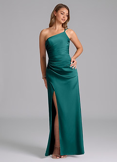 Azazie Eren Bridesmaid Dresses Peacock Mermaid One Shoulder Stretch Satin Dress image5