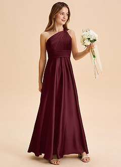 Azazie Charlize Junior Cabernet A-Line Pleated Stretch Satin Dress image3