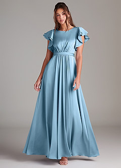Azazie Daphne Robes de demoiselle d'honneur modestes Robe Trapèze Rayé Longueur ras du sol Satin extensible image1