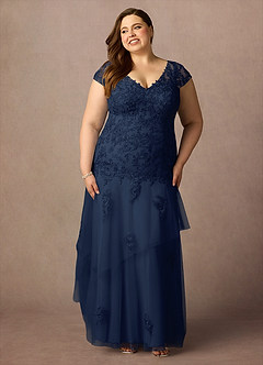 Azazie Romy vestidos de madre de la novia Vestido de Azul Marino Oscuro de Tul de Sirena con Cuello en V Lentejuelas image7