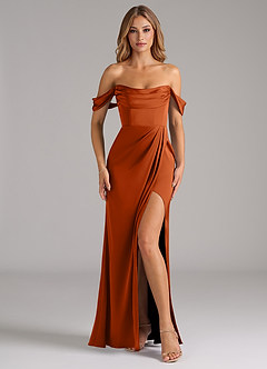 Azazie Johana Bridesmaid Dresses Burnt Orange Mermaid Off the Shoulder Stretch Satin Convertible Dress image3