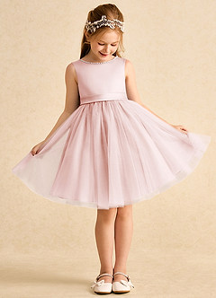 Azazie Jani Robe Demoiselle D'honneur Fillette Robe Trapèze en Tulle Arc Rose Pâle image2