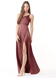 Azazie Naomie Bridesmaid Dresses Amethyst A-Line Cowl Neckline Side Slit Stretch Satin Dress image4