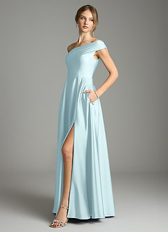 Azazie Melanie Vestidos de damas de honor Vestido de Azul Nube de Satén Elástico de Corte en A con Vestidos sin tirantes image4