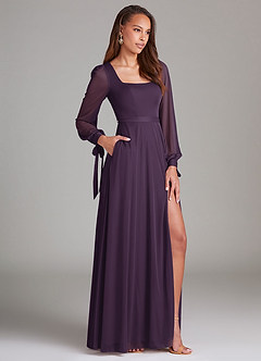 Azazie Leonia Bridesmaid Dresses Plum A-Line Long Sleeve Mesh Dress image3