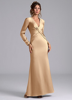 Azazie Valerie Bridesmaid Dresses Champagne Mermaid Long Sleeve Stretch Satin Dress image1
