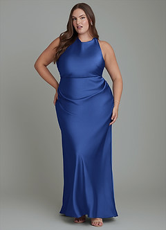 Azazie Evadne Bridesmaid Dresses Royal Blue Sheath Pleated Stretch Satin Dress image7