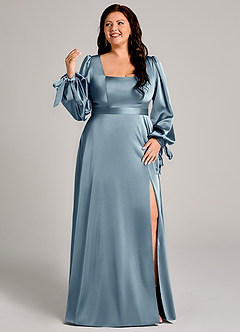 Azazie Leonia Robes de demoiselle d'honneur Robe Trapèze en Satin extensible Manche longue Bleu Poussiéreux image10