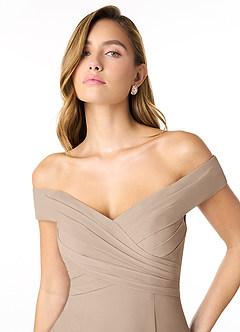 Azazie Lecia Bridesmaid Dresses Taupe Empire Off-The-Shoulder Pleated Chiffon Convertible Dress image4