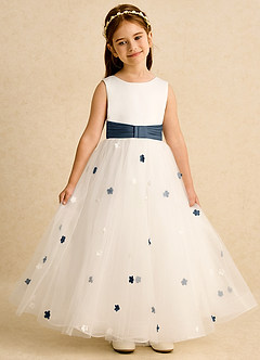 Azazie Cricket vestidos de niña de las flores Vestido de Marfil Azul Petróleo de Satin Mate de Corte Princesa con Plisado image4