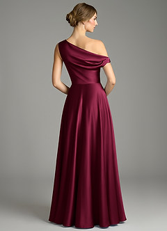 Azazie Xanthe Bridesmaid Dresses Burgundy A-Line Off the Shoulder Stretch Satin Dress image2