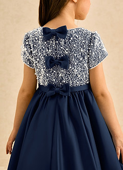 Azazie Cashew Flower Girl Dresses Dark Navy Ball-Gown with Sleeves Matte Satin Dress image7