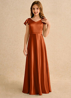 Azazie Nari Girls Formal Final Sale Burnt Orange A-Line with Sleeves Stretch Satin Dress image5