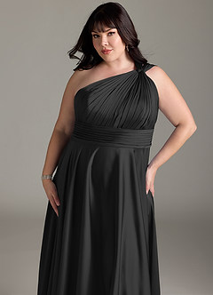Azazie Charlize Bridesmaid Dresses Black A-Line One Shoulder Stretch Satin Dress image6