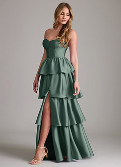 Azazie Faye Bridesmaid Dresses Sea Moss A-Line Ruched Stretch Satin Dress image3