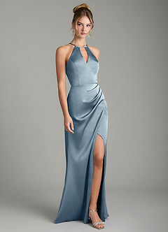 Azazie Aidyn Bridesmaid Dresses Dusty Blue Sheath Pleated Stretch Satin Dress image3