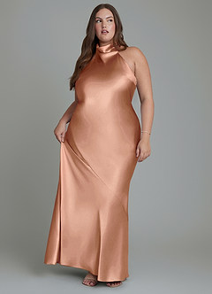 Azazie Velli Bridesmaid Dresses Bronzer Sheath High Neck Metallic Satin Dress image5