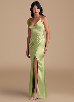 Azazie Shania Bridesmaid Dresses Pistachio Sheath Pleated Metallic Satin Dress image6