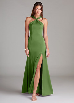 Azazie Rue Vestidos de damas de honor Vestido de Albahaca de Satén Elástico de Corte Sirena con Plisado image3