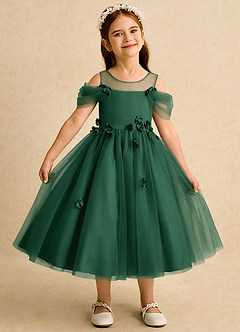 Azazie Juni Flower Girl Dresses Dark Green Ball-Gown Pleated Tulle Dress image1