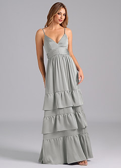 Azazie Nathalia Bridesmaid Dresses Silver A-Line Pleated Stretch Satin Dress image1