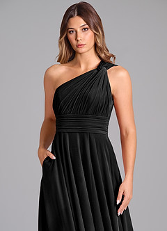 Azazie Charlize At-home Try On Dresses Black A-Line One Shoulder Velvet Dress image6