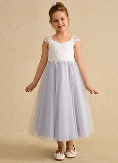 Azazie Momo Flower Girl Dresses Ivory Frosted Lilac A-Line Lace Dress image3