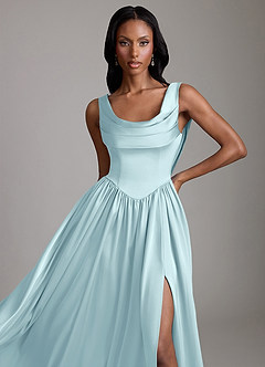 Azazie Novi Vestidos de madrinha de casamento Vestido Nuvem Azul de Cetim elástico de Linha A com com bolsos image3