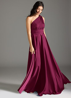 Azazie Charlize Bridesmaid Dresses Red Plum A-Line One Shoulder Stretch Satin Dress image3