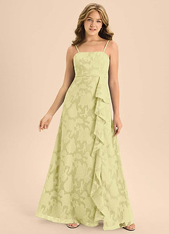 Azazie Kaylee Junior Lemon Sorbet A-Line with Belt Floral Burnout Dress image1