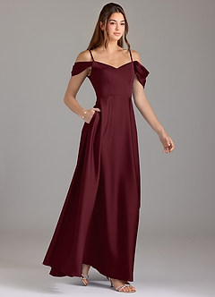 Azazie Marley Bridesmaid Dresses Cabernet A-Line Off the Shoulder Stretch Satin Convertible Dress image4