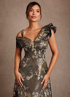 Azazie Des Moines Mother of the Bride Dresses Mocha Coco A-Line One Shoulder Floral Jacquard Dress image5