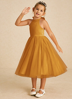 Azazie Dora Flower Girl Dresses Butterscotch A-Line Bow Tulle Dress image2