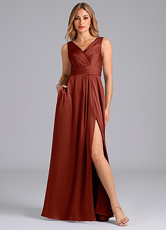 Azazie Karina Robes de demoiselle d'honneur Robe Trapèze en Satin extensible Plissée Terracotta image1