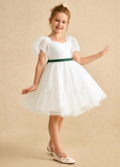 Azazie Debbie vestidos de niña de las flores Vestido de Marfil Verde Oscuro de Organza de Princesa con Escote de Corazón image4
