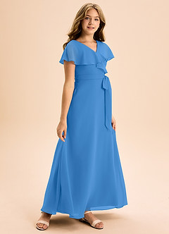Azazie Lainey Junior Abito A-Line in Chiffon Con Tasche Blue Jay image1