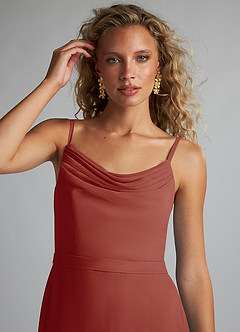 Azazie Summer Vestidos de damas de honor Vestido de Terracota de Gasa de Corte Sirena con Cuello redondo image5