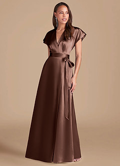 Azazie Nico Bridesmaid Dresses Espresso A-Line Pleated Metallic Satin Dress image1