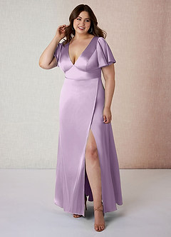Azazie Lani Bridesmaid Dresses Frosted Lilac A-Line Flounce Sleeve Stretch Satin Dress image7