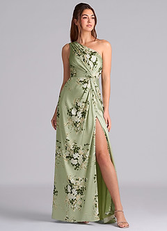 Azazie Brooke Vestidos de damas de honor Vestido de Enredaderas Florales de Satén Elástico de Corte en A con Hombro unilateral image3