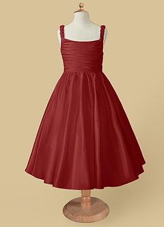 Azazie Cutie Pie Flower Girl Dresses Rust A-Line Pleated Matte Satin Dress image4