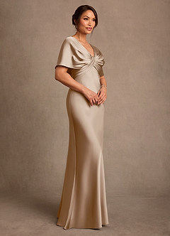 Azazie Dosia Mother of the Bride Dresses Taupe Sheath Pleated Stretch Satin Dress image2