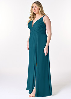 Azazie Maren Allure Brautjungfernkleider A-Linie V-Hals Spitze Chiffon Kleid Tintenblau image8