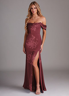 Azazie Saige Bridesmaid Dresses Burgundy Floral Bouquet Sheath Off the Shoulder Stretch Satin Dress image1