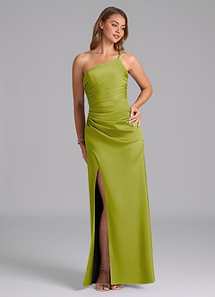 Azazie Eren Bridesmaid Dresses Lemongrass Mermaid One Shoulder Stretch Satin Dress image4